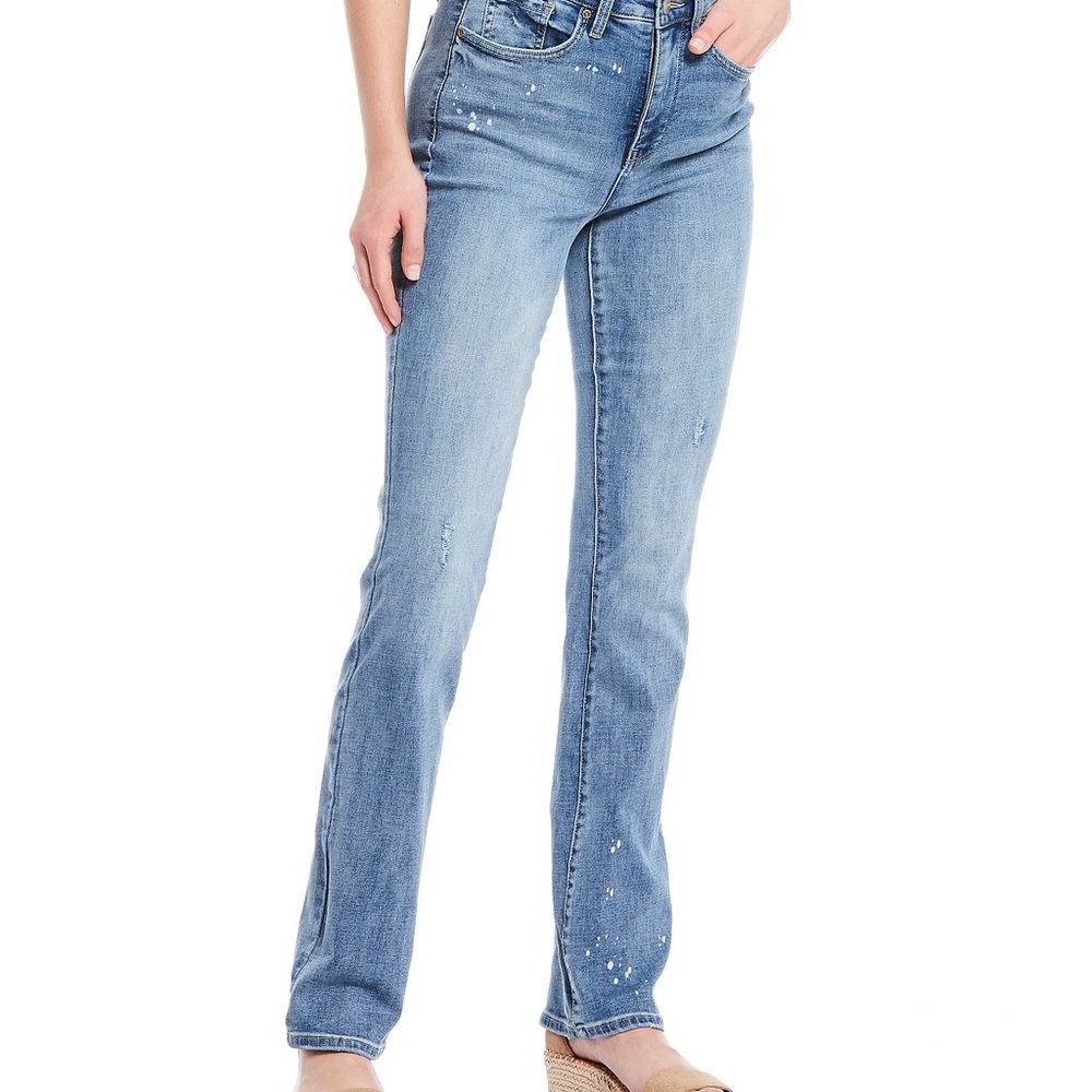 NYDJ Bleach Spot Straight Leg Slim Bootcut Jeans 8P 8 Petite High Waisted